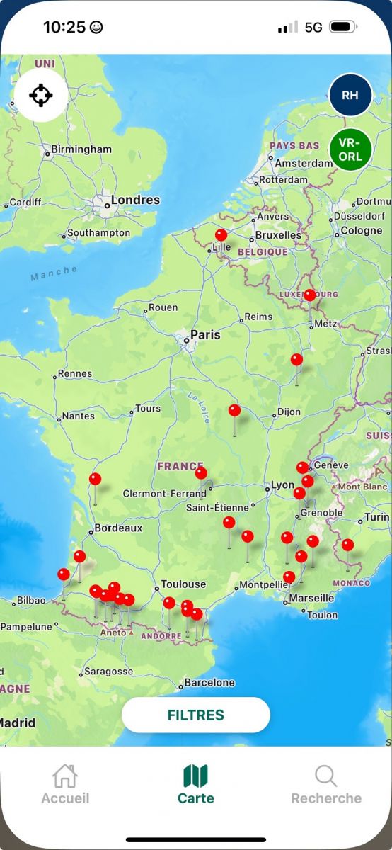 Carte des cures thermales RH + ORL sur l'application Voyage d'O Curistes